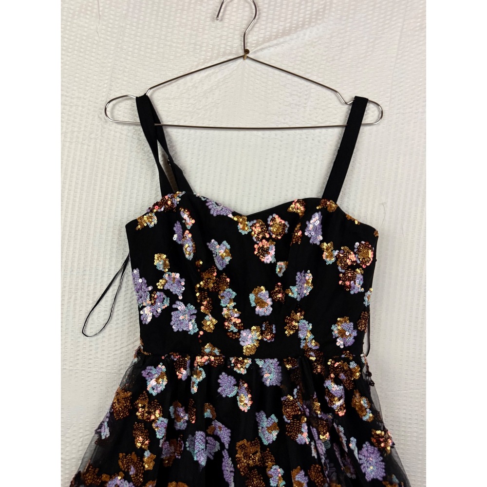 Dress The Population Floral Sequin Fit Flare Dress Black Purple Gold Small NEW - Picture 3 of 11